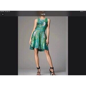 NWT Issa London Butterfly Wing Print Knit‎ Fit And Flare Dress Med Green
